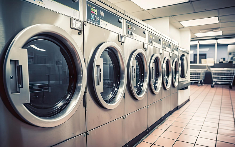 Row of large capacity commercial washers in a laundromat.