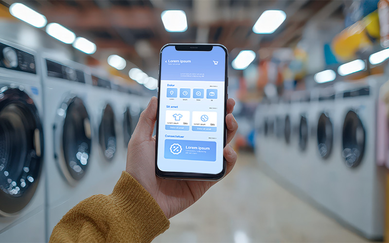 Person using an augmented service app at Fresh Laundry laundromat.
